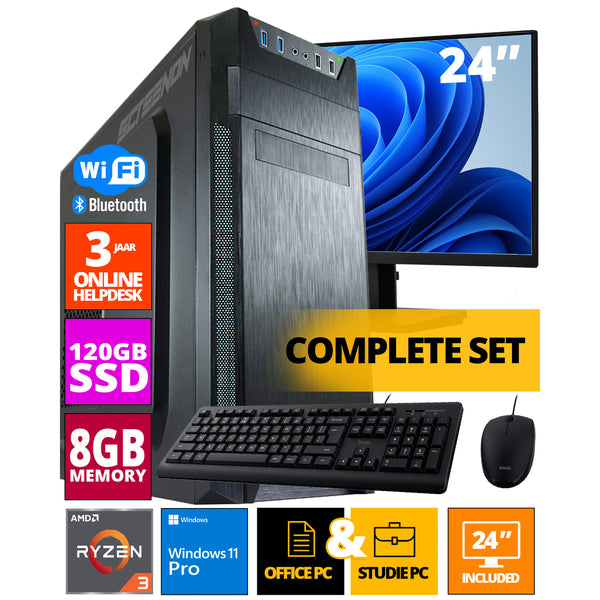 Budget Office PC Set - AMD Athlon - 120GB M.2 SSD - 8GB RAM - Radeon Vega 3 (24 inch monitor | Mouse | Keyboard | Including Office Professional Plus 2021)