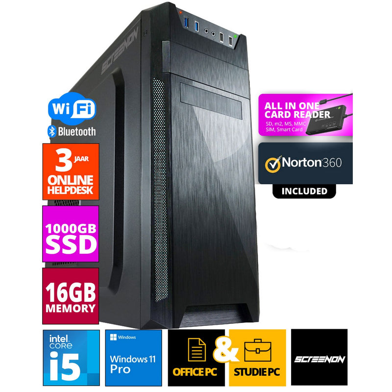 Intel Office PC - Intel Core i5 - 1TB NVME SSD - 16GB RAM - GTX 1660 - incluindo Office Professional Plus 2021, Norton 360 e USB SD Card Reader