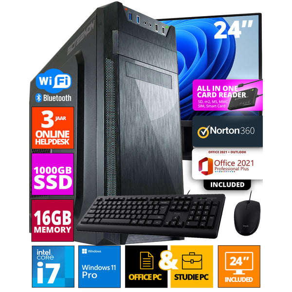 Intel Budget Office PC Set - Office PC - 24 inch Monitor + Mouse + Keyboard - Including Office Professional Plus 2021, Norton 360 & USB SD Card Reader