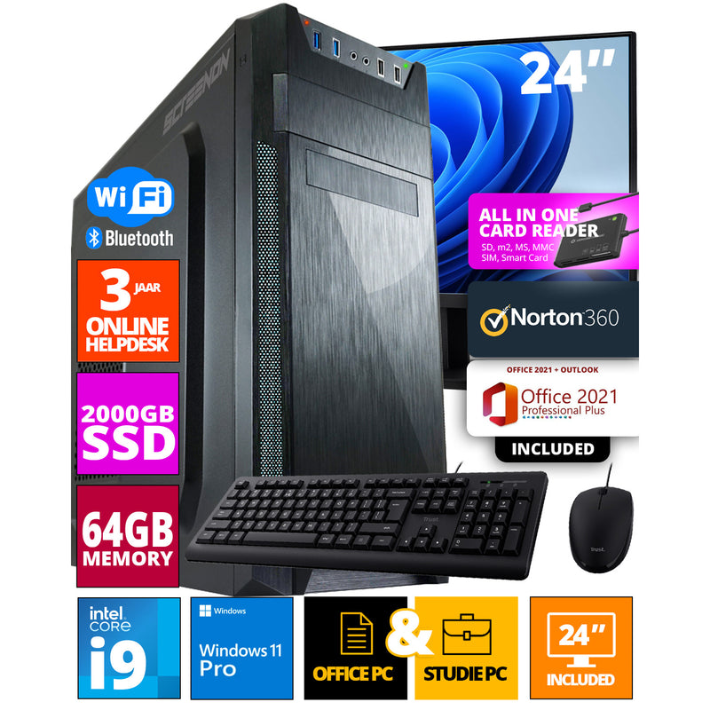 ScreenON - Intel Core i9 - 2TB M.2 SSD - 64GB RAM - RTX 3070 - Allround Office PC - Inclusief Norton 360 & USB SD Card Reader + WiFi & Bluetooth