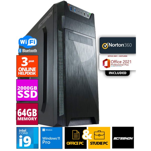 ScreenON - Allround Office PC - Intel Core i9 - 2TB M.2 SSD - 64GB RAM - UHD Graphics 750 - Inclusief Norton 360 + WiFi & Bluetooth