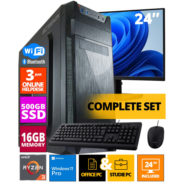 Budget Office PC Set - Ryzen 3 - 500GB NVME SSD - 16GB RAM - Radeon Vega 8 (24 inch monitor | Mouse | Keyboard | Including Office Professional Plus 2021)