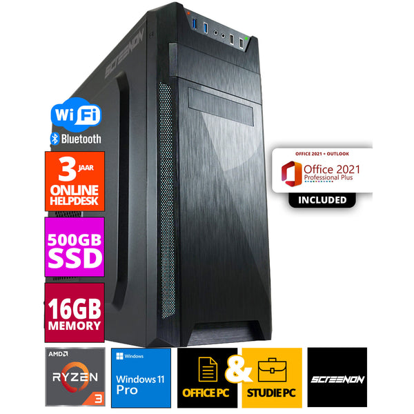 Budget Office PC - Ryzen 3 - 500GB NVME SSD - 16GB RAM - Radeon Vega 8 - Including Office Professional Plus 2021
