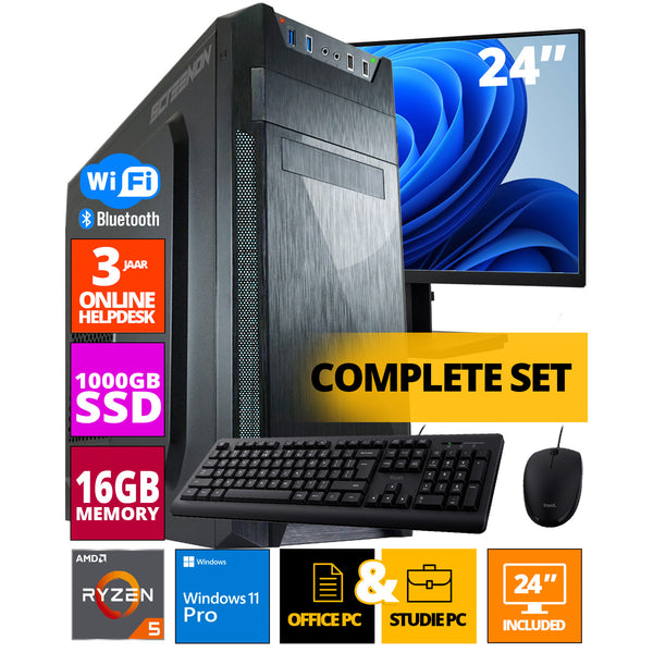 Budget Office PC Set - Ryzen 5 - 1TB NVME SSD - 16GB RAM - Radeon Vega 7 (24 inch monitor | Mouse | Keyboard | Including Office Professional Plus 2021)
