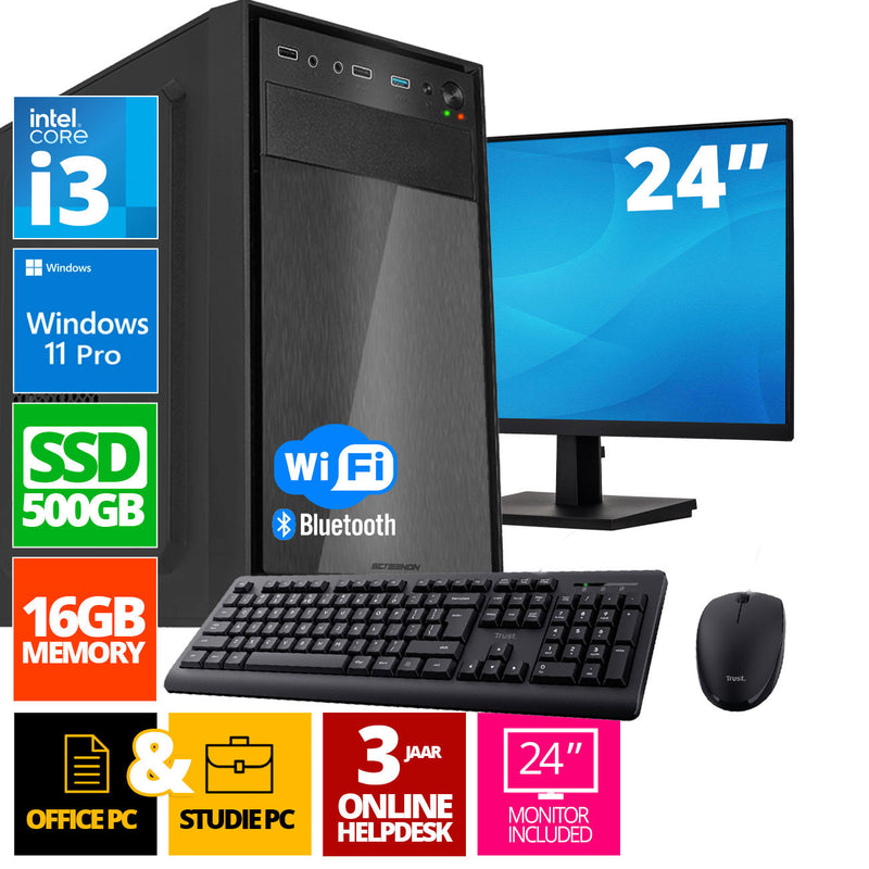 Intel complete PC set | Intel Core i3 | 16 GB DDR4 | 500 GB SSD - NVME + 24 inch monitor + mouse + keyboard | Windows 11 Pro