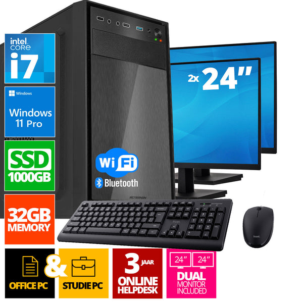 Intel complete PC set | Intel Core i7 | 32 GB DDR4 | 1 TB SSD - NVME + 2 x 24 inch monitor + mouse + keyboard | Windows 11 Pro
