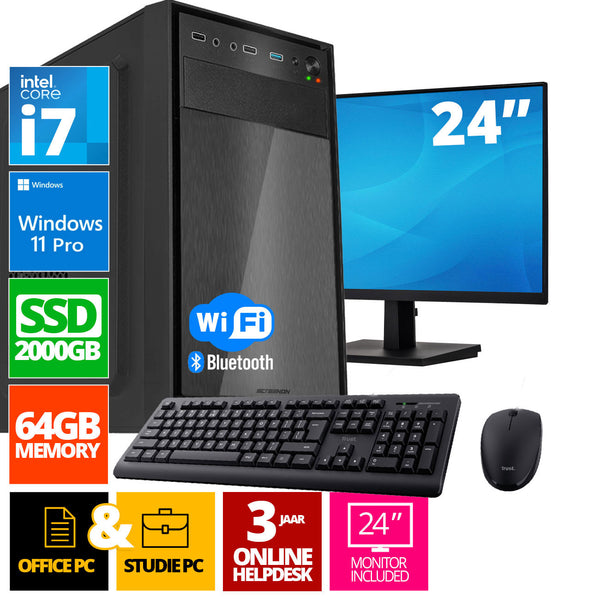 Intel complete PC set | Intel Core i7 | 64 GB DDR4 | 2 TB SSD - NVME + 24 inch monitor + mouse + keyboard | Windows 11 Pro