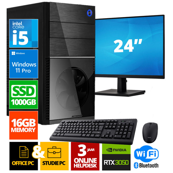 Intel complete PC + 24 "Monitor + Mouse & Keyboard | Intel Core i5 | 16 GB DDR4 | 1 TB SSD - NVME | RTX 3050 | Windows 11 Pro