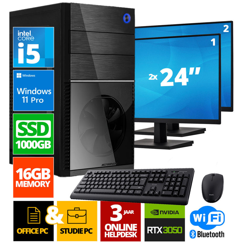 Intel complete PC + 2 x 24 "Monitor + Mouse & Keyboard | Intel Core i5 | 16 GB DDR4 | 1 TB SSD - NVME | RTX 3050 | Windows 11 Pro