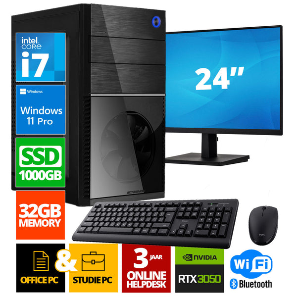 Intel Complete PC + 24 "Monitor + Mouse & Keyboard | Intel Core i7 | 32 GB DDR4 | 1 TB SSD - NVME | RTX 3050 | Windows 11 Pro