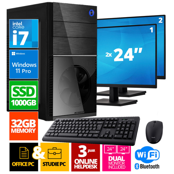 Intel Complete PC + 2 x 24 "Monitor + Mouse & Keyboard | Intel Core i7 | 32 GB DDR4 | 1 TB SSD - NVME | RTX 3050 | Windows 11 Pro